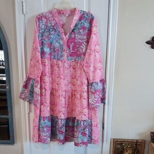 Source Unknown Silky Poly Floral Boho Midi Dress